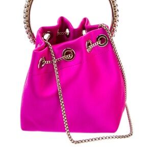 Vibrant Pink Satin Jimmy Choo Bon Bkn Bag with Gold Chain and Crystal Accents